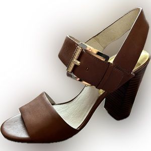 Michael Kors women’s size 8 sandals, brownish tan leather with gold buckle.